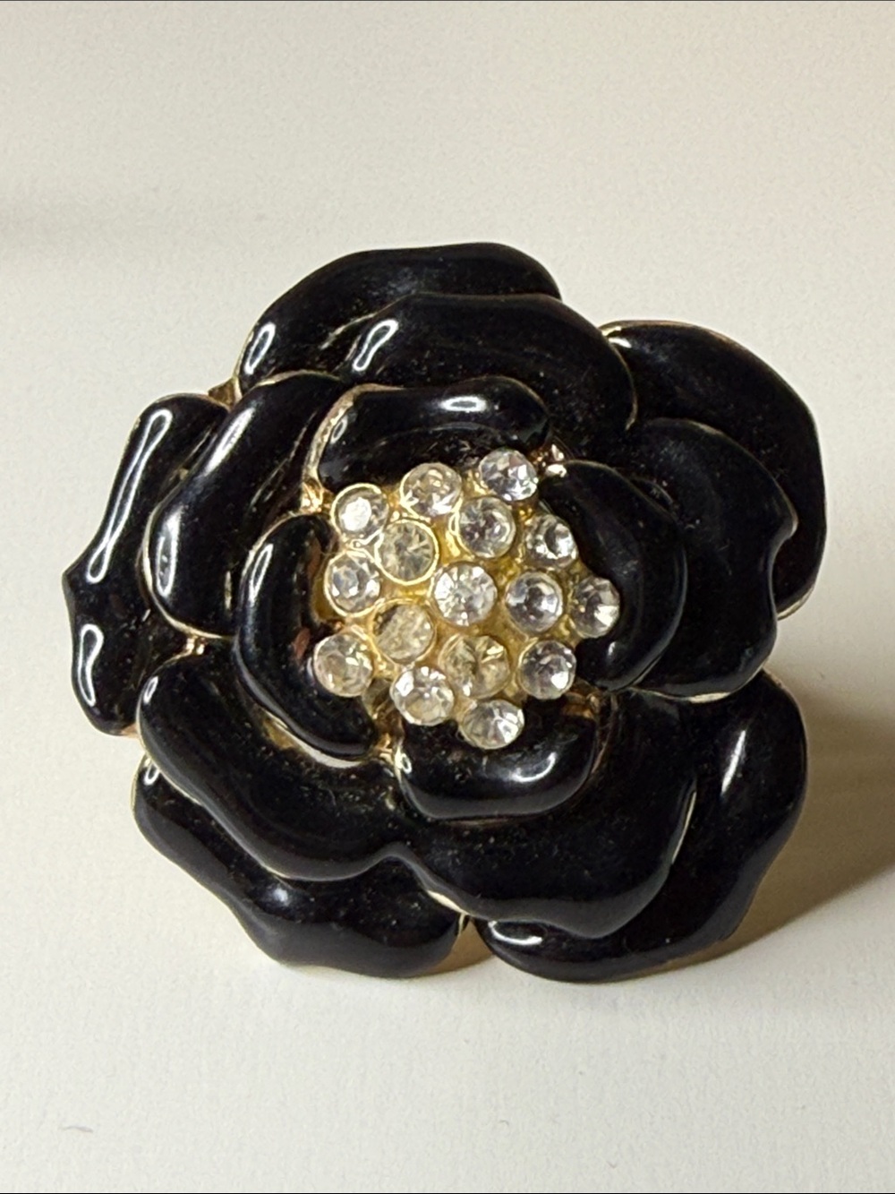 Vintage adjustable floral enamel Statement Ring pave rhinestone center